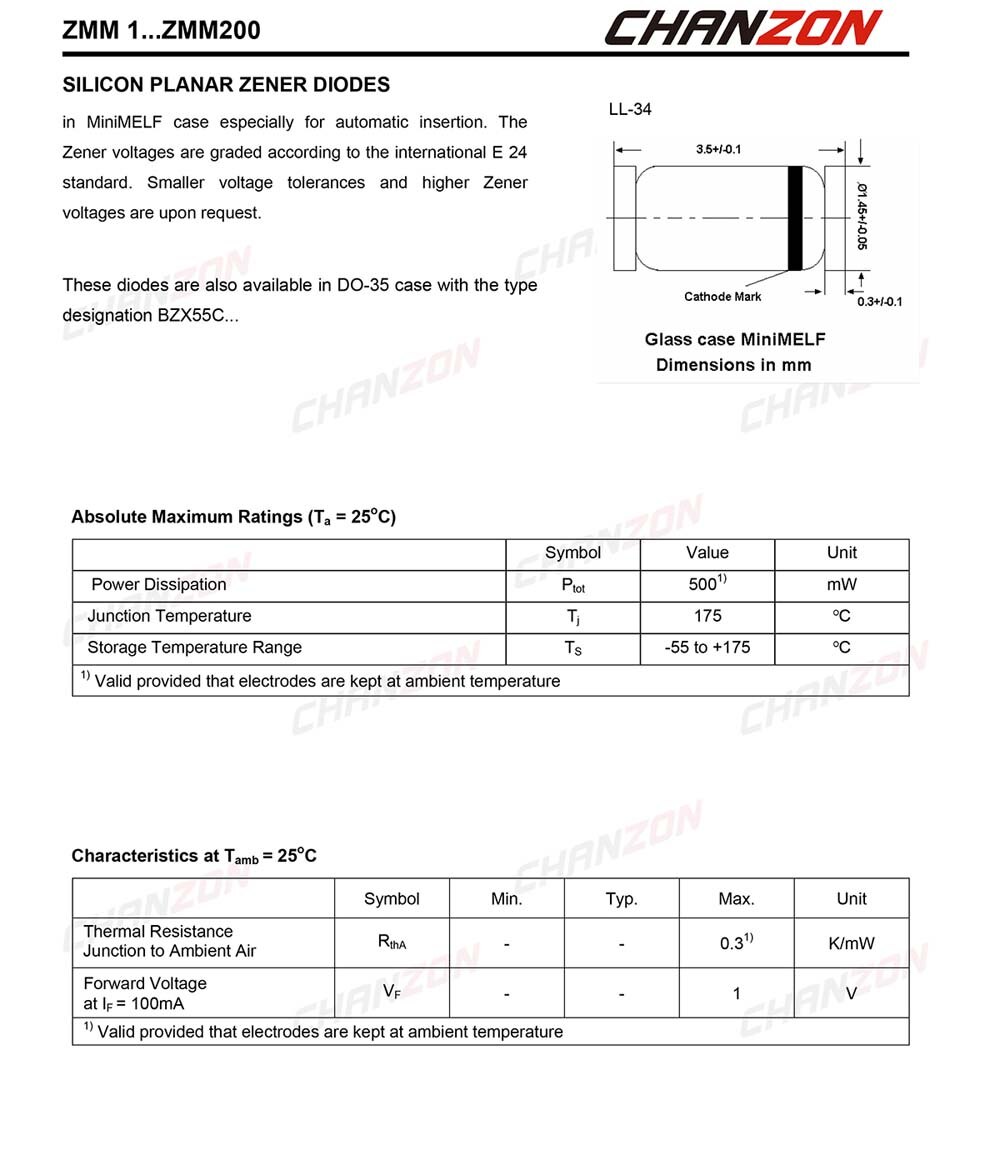 (100 Pcs) SMD Zener Diode 0.5W 27V ZMM27V ZMM27 LL34 (SOD80 MiniMELF